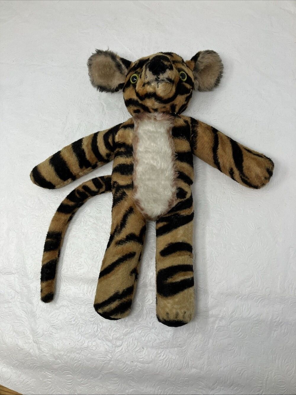 Antique Tiger Plush Glass Eyed Stuffed Animal HEAVY Vintage (Handmade???) 14.5”